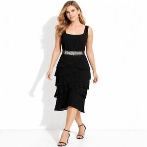 Alex Evenings Black Tiered Midi Dress 16W Rhinestone Waist Formal Quiet Luxury